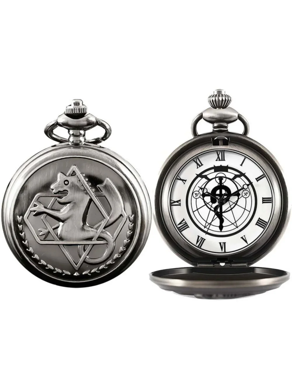Mens Black Quartz Engraved Fulmetal Alchenist Arabic Numerals Chain Pocket Watch